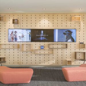 Media wall in seating area of lobby