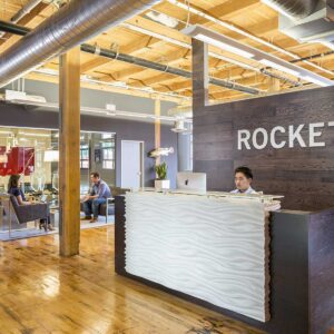 Reception area of remodeled office space in older building