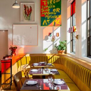 Sun shining in corner of restaurant