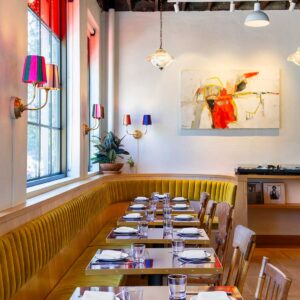 Corner of restaurant with curved banquette
