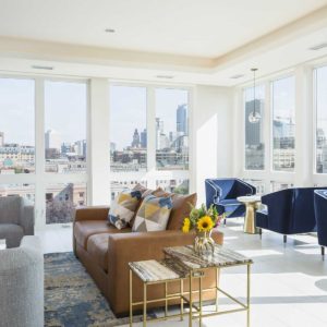 Lounge on top story of new apartment building with great views of downtown Minneapolis